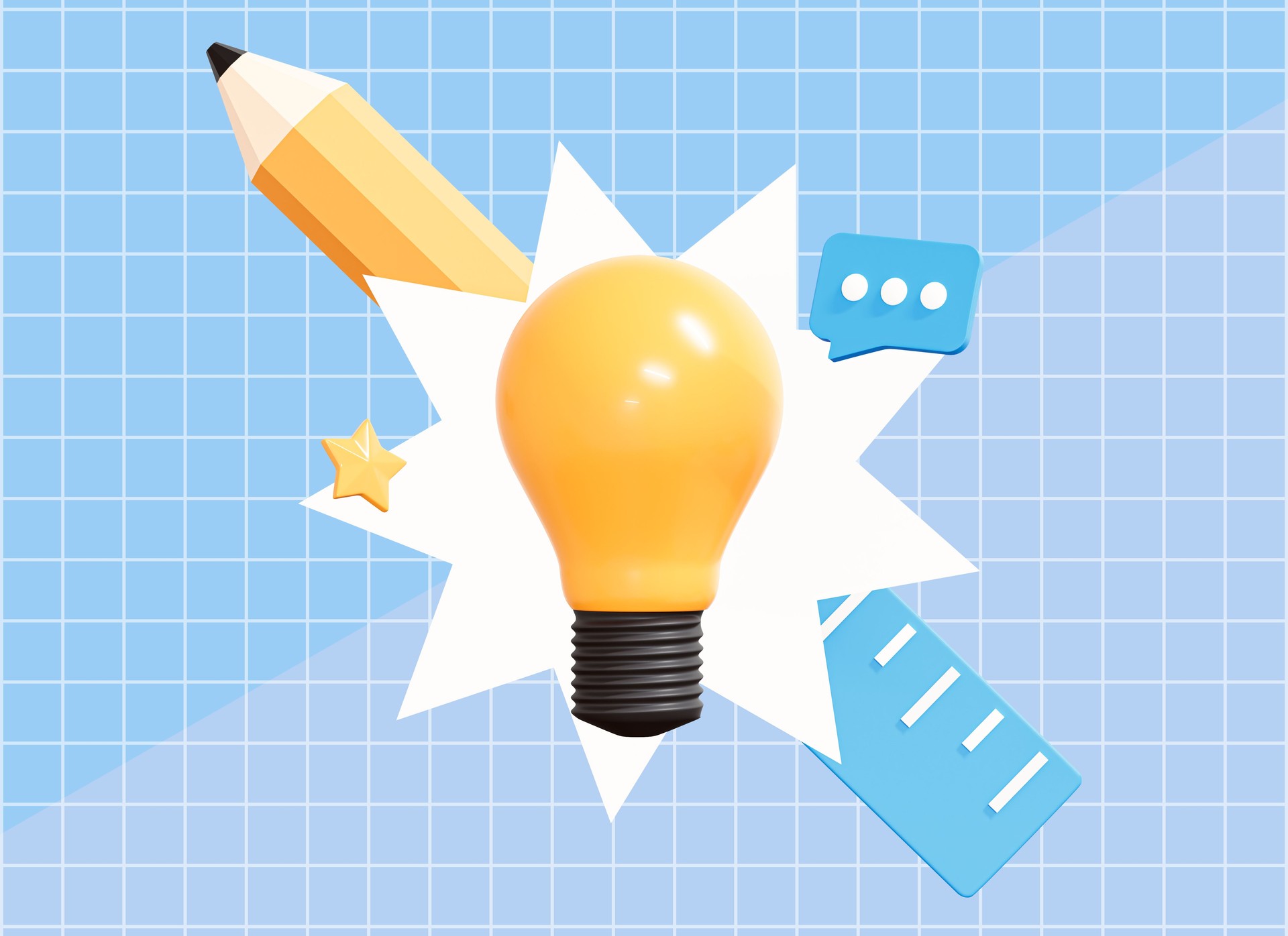 3D Generating ideas and inspiration. Lightbulb with pencil and ruler. Think about new idea. Tools for creating creative works. Cartoon creative design icon concept on blue background. 3D Rendering
